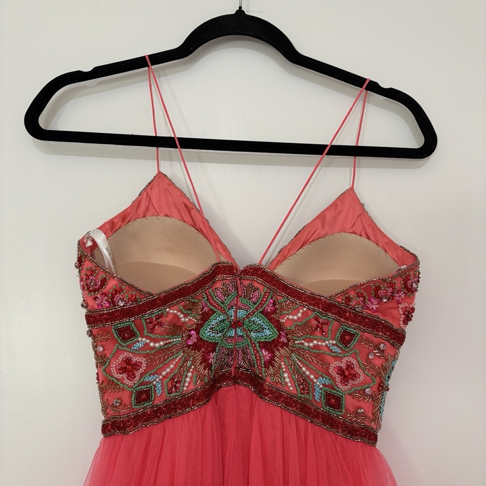 Sherri Hill 50474 A Line Maxi Formal Dress Red Pink Tulle 2 Beaded Homecoming - Picture 12 of 12